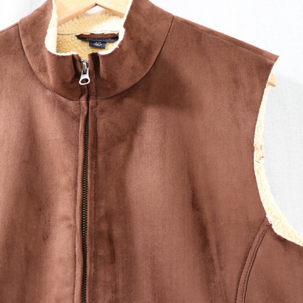 Lands End Faux Suede Sherpa Vest Women’s XL Petite 18-20 Brown Lined Full Zip - Picture 6 of 16